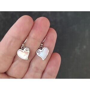 925 Sterling Silver MOP Pink Rhinestone Dangling Heart Shaped Pierced Earrings